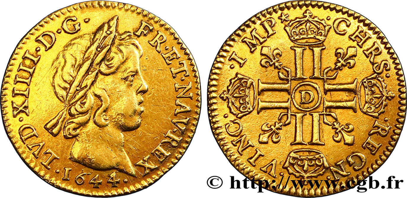 LOUIS XIV  THE SUN KING  Demi-louis d or aux huit L, portrait à la mèche courte 1644 Lyon fVZ/VZ