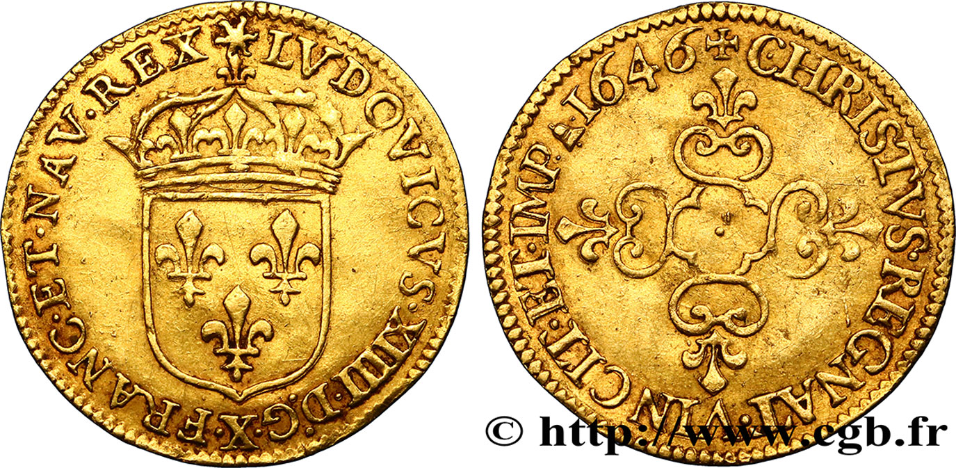 LOUIS XIV  THE SUN KING  Écu d or au soleil, à la croix anillée fleurdelisée 1646 Amiens q.SPL