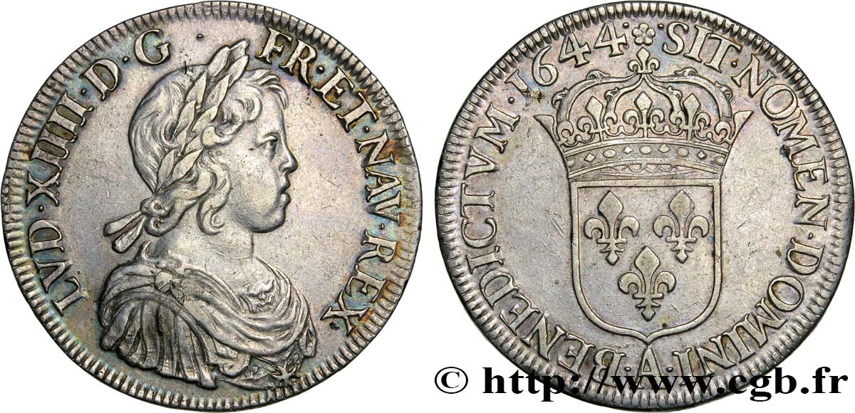 LOUIS XIV LE GRAND OU LE ROI SOLEIL Écu, portrait à la mèche courte 1644 Paris, Monnaie de Matignon TTB+/SUP