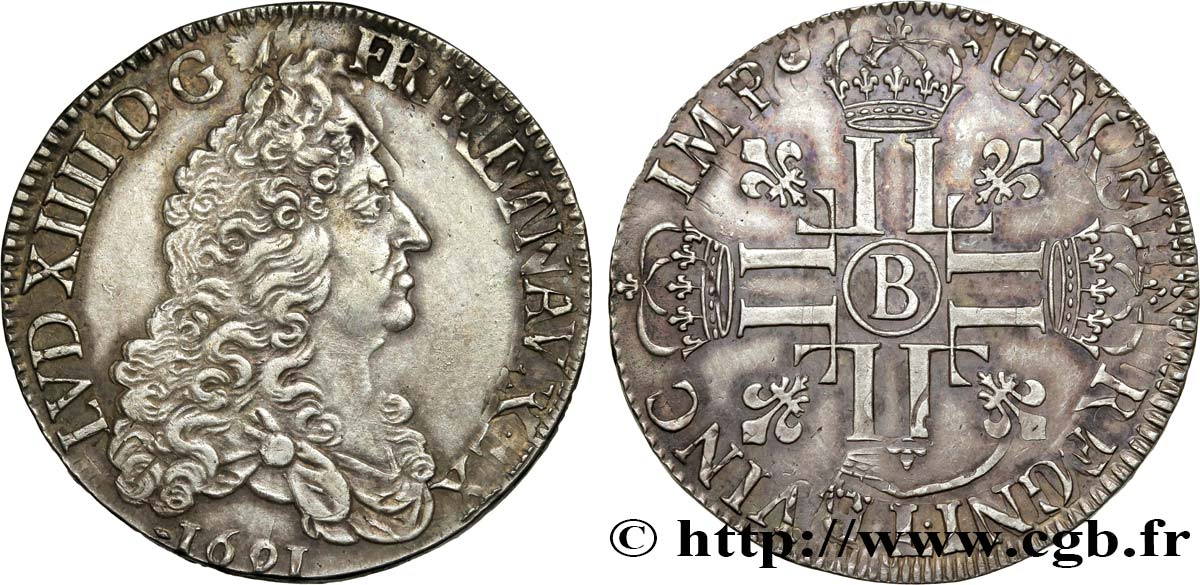 LOUIS XIV  THE SUN KING  Écu aux huit L, 1er type 1691 Rouen EBC