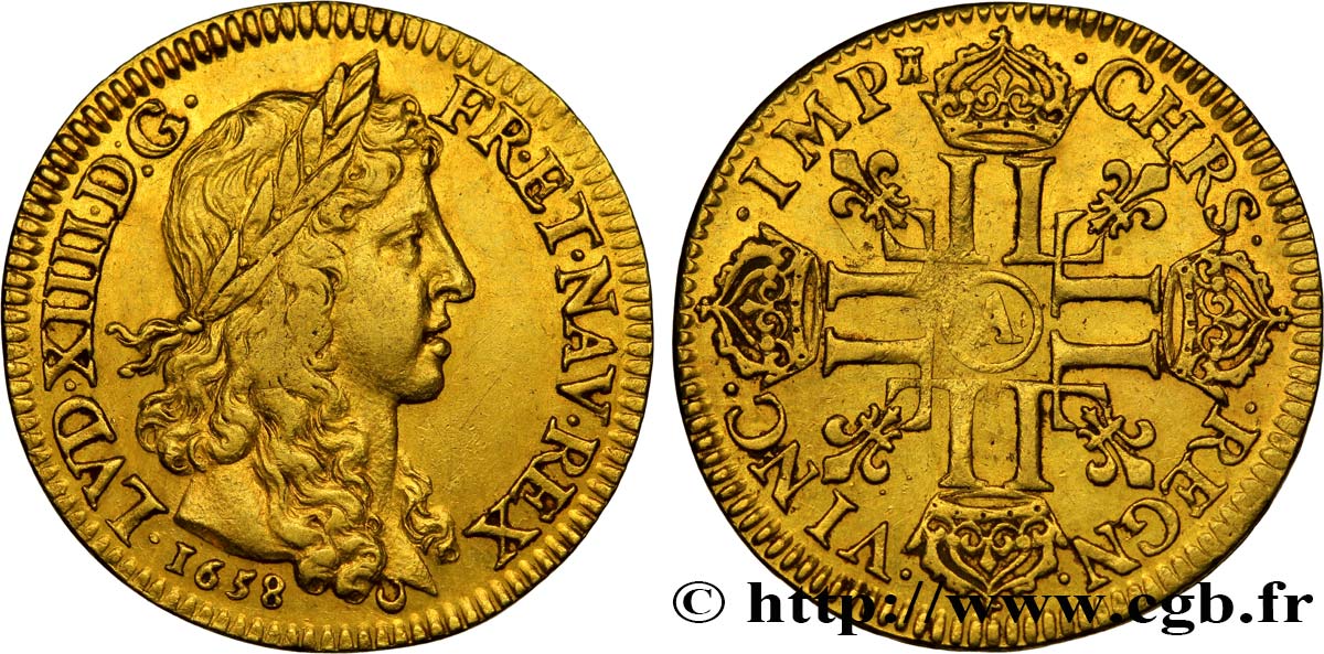 LOUIS XIV  THE SUN KING  Louis d or aux huit L, portrait apollinien 1658 Paris MBC+
