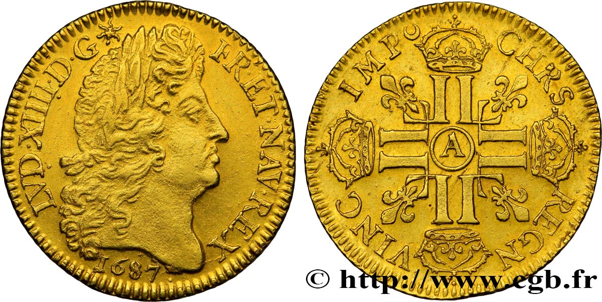 LOUIS XIV LE GRAND OU LE ROI SOLEIL Louis d’or aux huit L, portrait à la tête âgée et laurée 1687 Paris TTB+/SUP