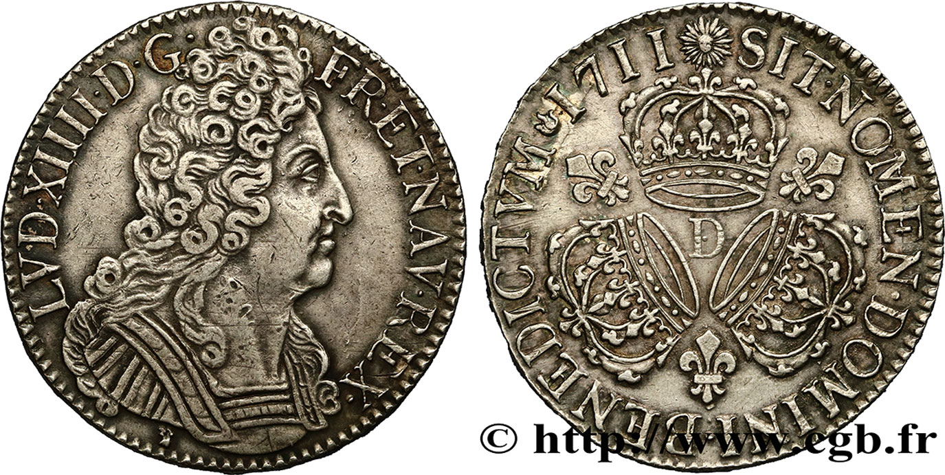 LOUIS XIV  THE SUN KING  Écu aux trois couronnes 1711 Lyon AU