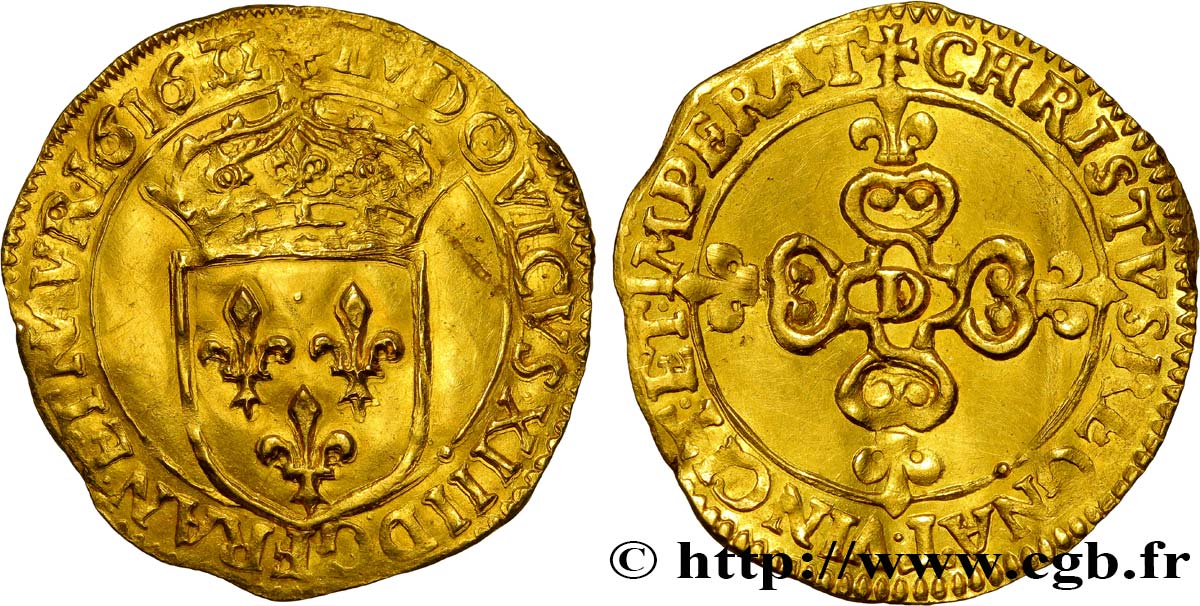 LOUIS XIII LE JUSTE Écu d or au soleil, à la croix anillée fleurdelisée 1616 Lyon TTB/TTB+
