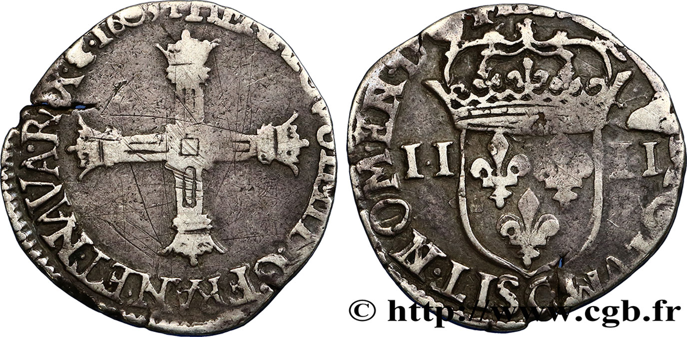 HENRI IV LE GRAND Quart d écu, croix batonnée et couronnée de face n.d. Saint-Lô TB