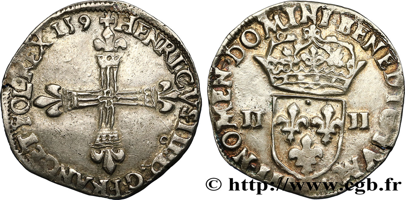 HENRY III Quart d écu, croix de face 1589 Rennes XF/VF