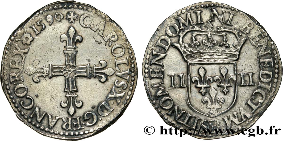 CHARLES X, CARDINAL OF BOURBON Quart d écu, croix de face 1590 Rouen q.SPL