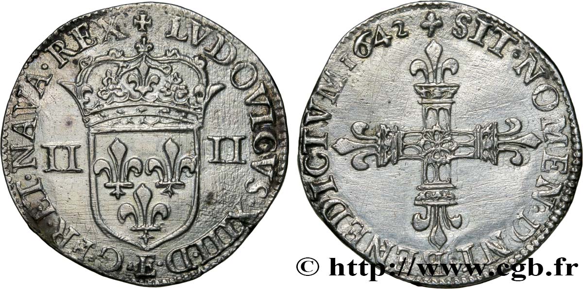 LOUIS XIII  Quart d écu, à la croix fleurdelisée, titulature côté écu 1642 Tours q.SPL