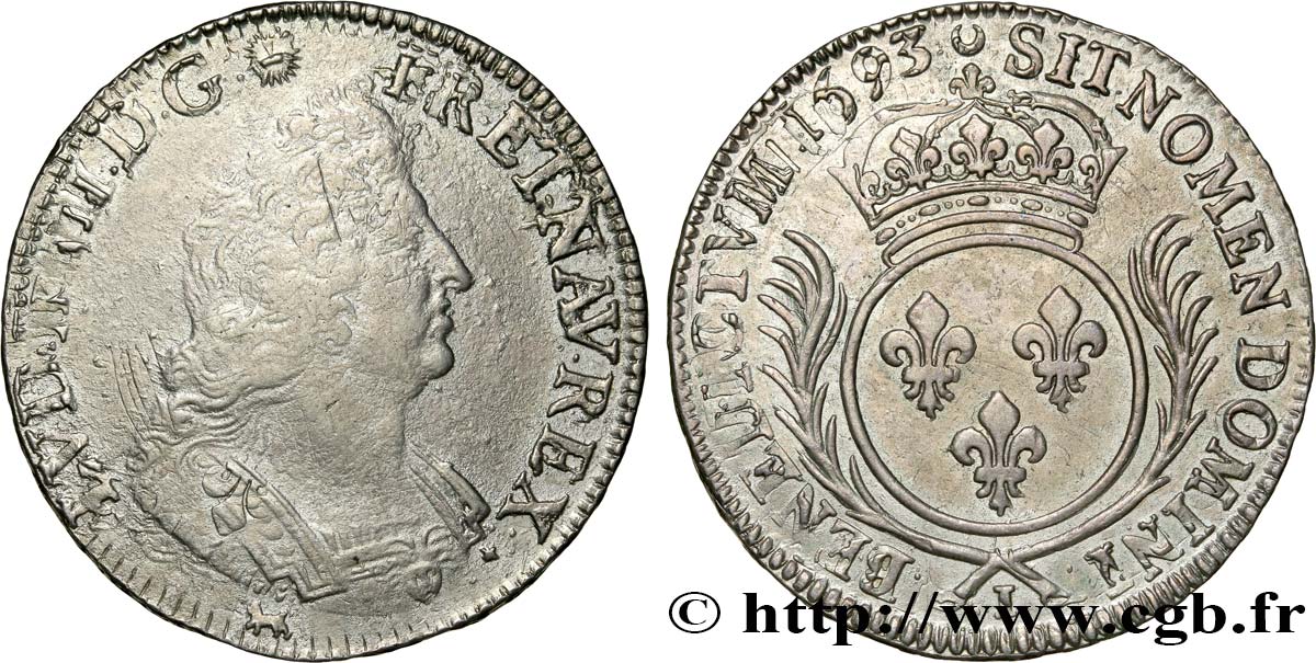 LOUIS XIV  THE SUN KING  Écu aux palmes 1693 Limoges BB/q.SPL