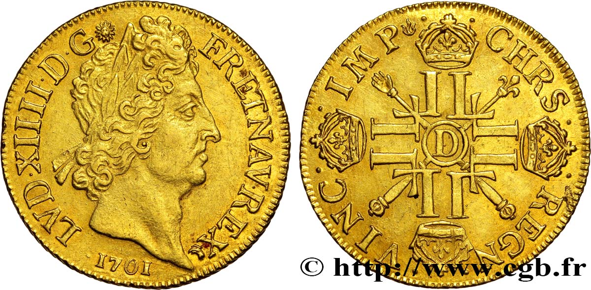 LOUIS XIV  THE SUN KING  Double louis d or aux huit L et aux insignes 1701 Lyon AU