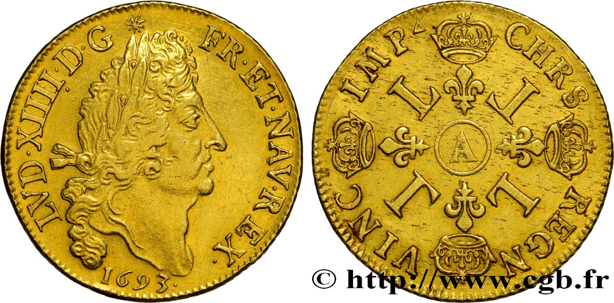 LOUIS XIV  THE SUN KING  Double louis d or aux quatre L 1693 Paris q.SPL/SPL