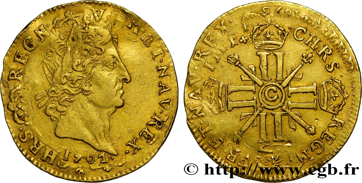 LOUIS XIV  THE SUN KING  Louis d’or aux huit L et aux insignes 1702 Caen BC+/MBC
