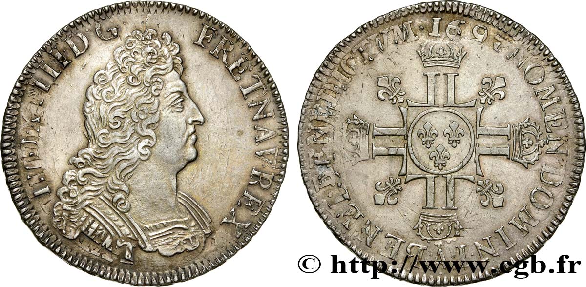 LOUIS XIV  THE SUN KING  Écu aux huit L, 2e type, tranche fautée avec COMINE 1704 Paris EBC