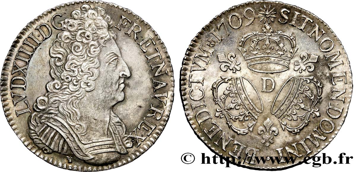 LOUIS XIV  THE SUN KING  Écu aux trois couronnes 1709 Lyon MS