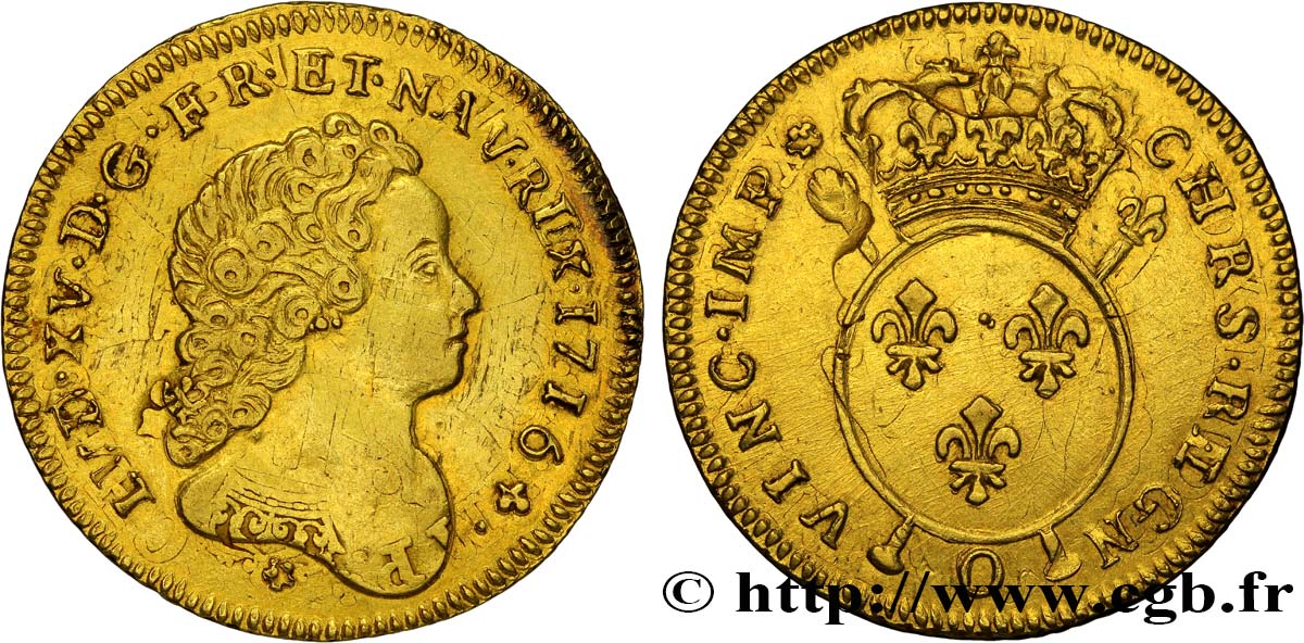 LOUIS XV THE BELOVED Double louis d or aux insignes (fausse réformation) 1716 Riom AU/AU