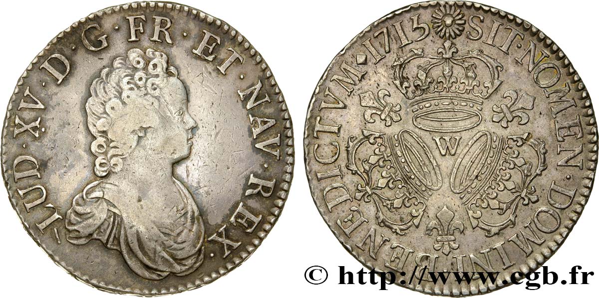 LOUIS XV  THE WELL-BELOVED  Écu aux trois couronnes 1715 Lille VF/AU