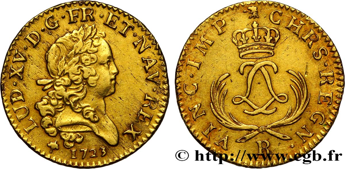 LOUIS XV  THE WELL-BELOVED  Louis d or aux deux L entrelacées et aux palmes courtes 1723 Orléans q.SPL