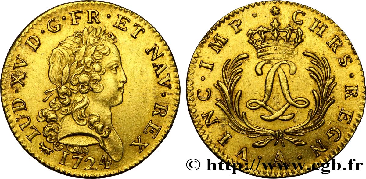 LOUIS XV  THE WELL-BELOVED  Double louis d’or aux deux L entrelacées et aux palmes 1724 Paris VZ