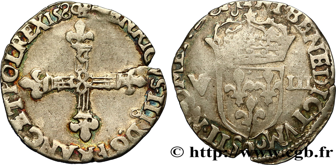 HENRI III Huitième d écu, croix de face 1580 Rennes TB+