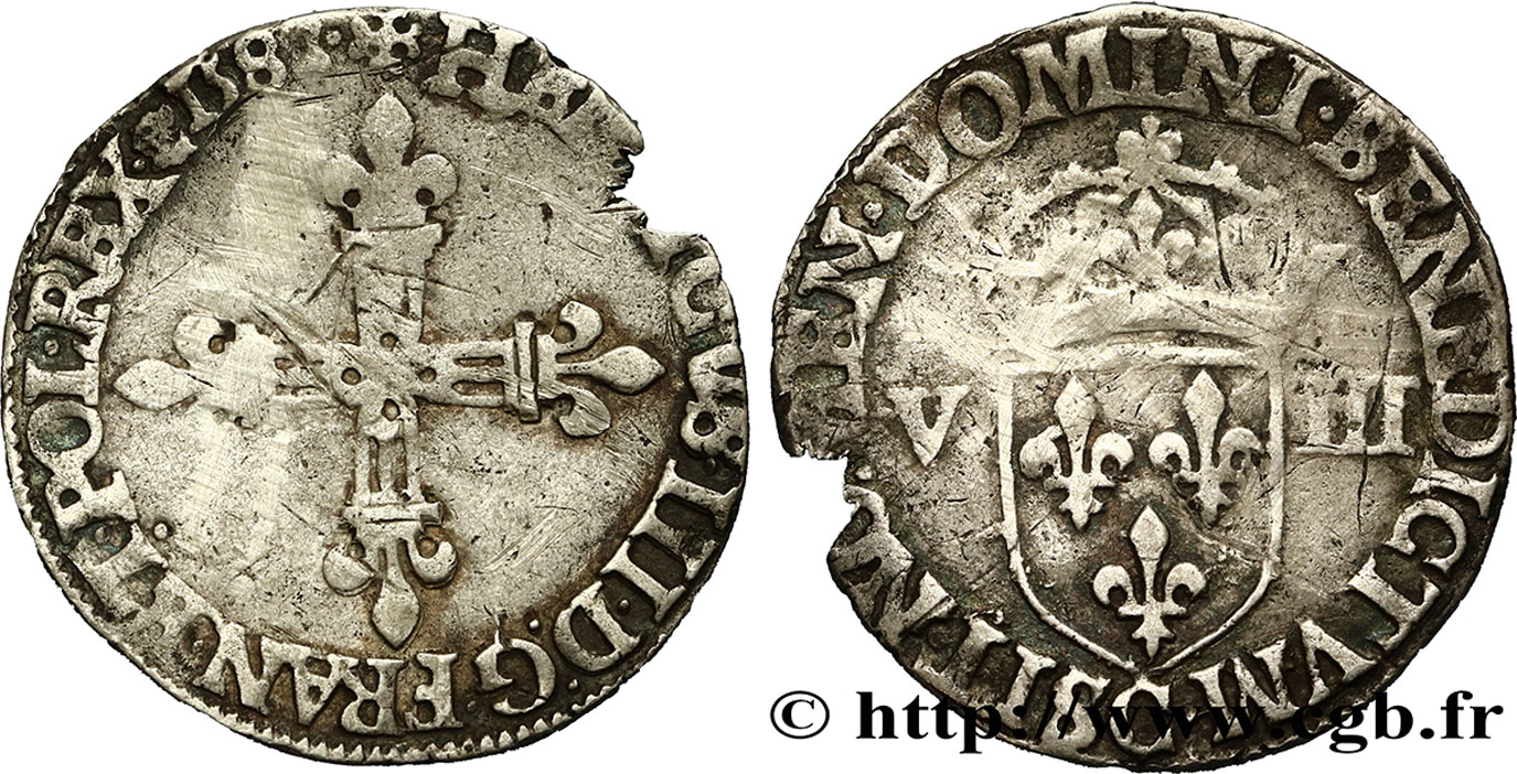 HENRI III Huitième d écu, croix de face 1588 Saint-Lô TB+