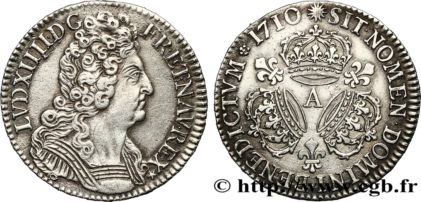 LOUIS XIV  THE SUN KING  Demi-écu aux trois couronnes 1710 Paris XF/AU