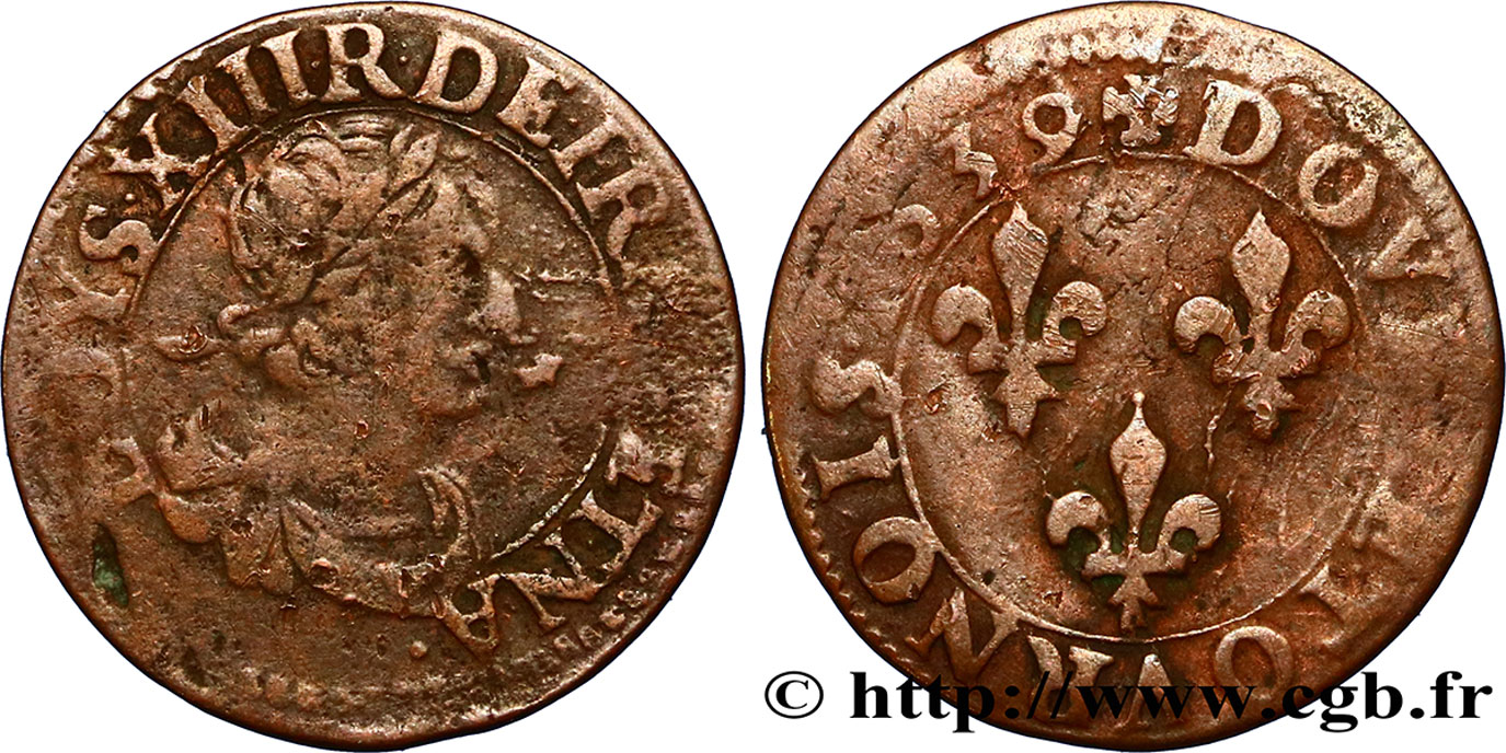 LOUIS XIII LE JUSTE Double tournois au grand buste viril drapé 1639 Rouen TB