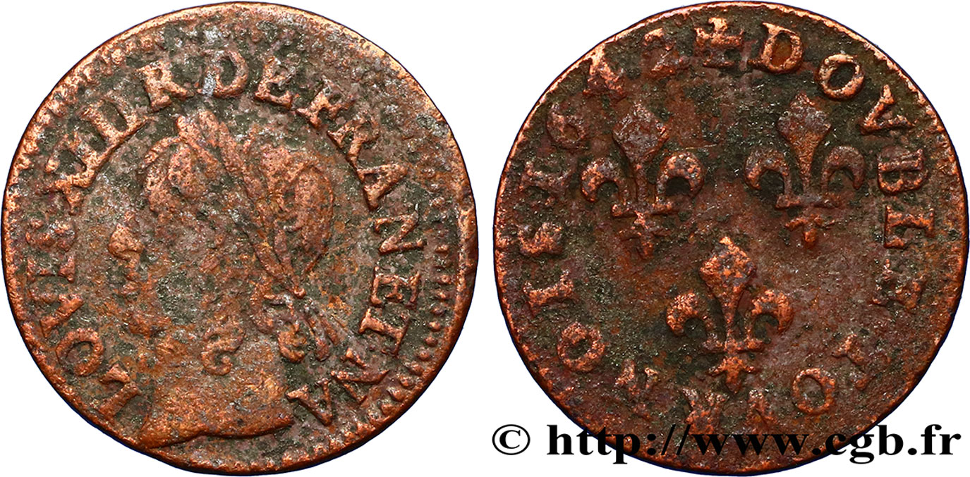 LOUIS XIII LE JUSTE Double tournois, type de Warin 1642 s.l. TB+