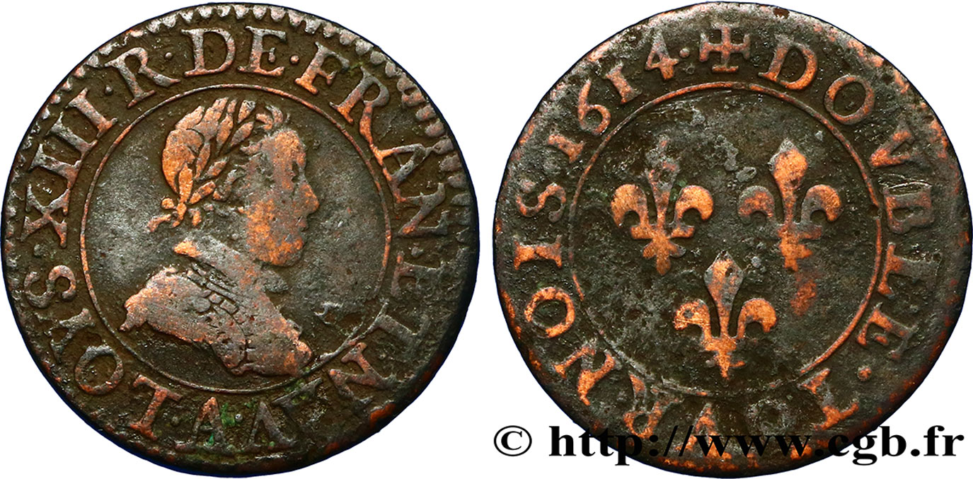 LOUIS XIII LE JUSTE Double tournois, type 1 1614 Paris, Moulin du Louvre TB+