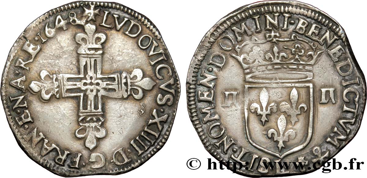 LOUIS XIV LE GRAND OU LE ROI SOLEIL Quart d écu, titulature côté croix 1648 Bayonne TTB+