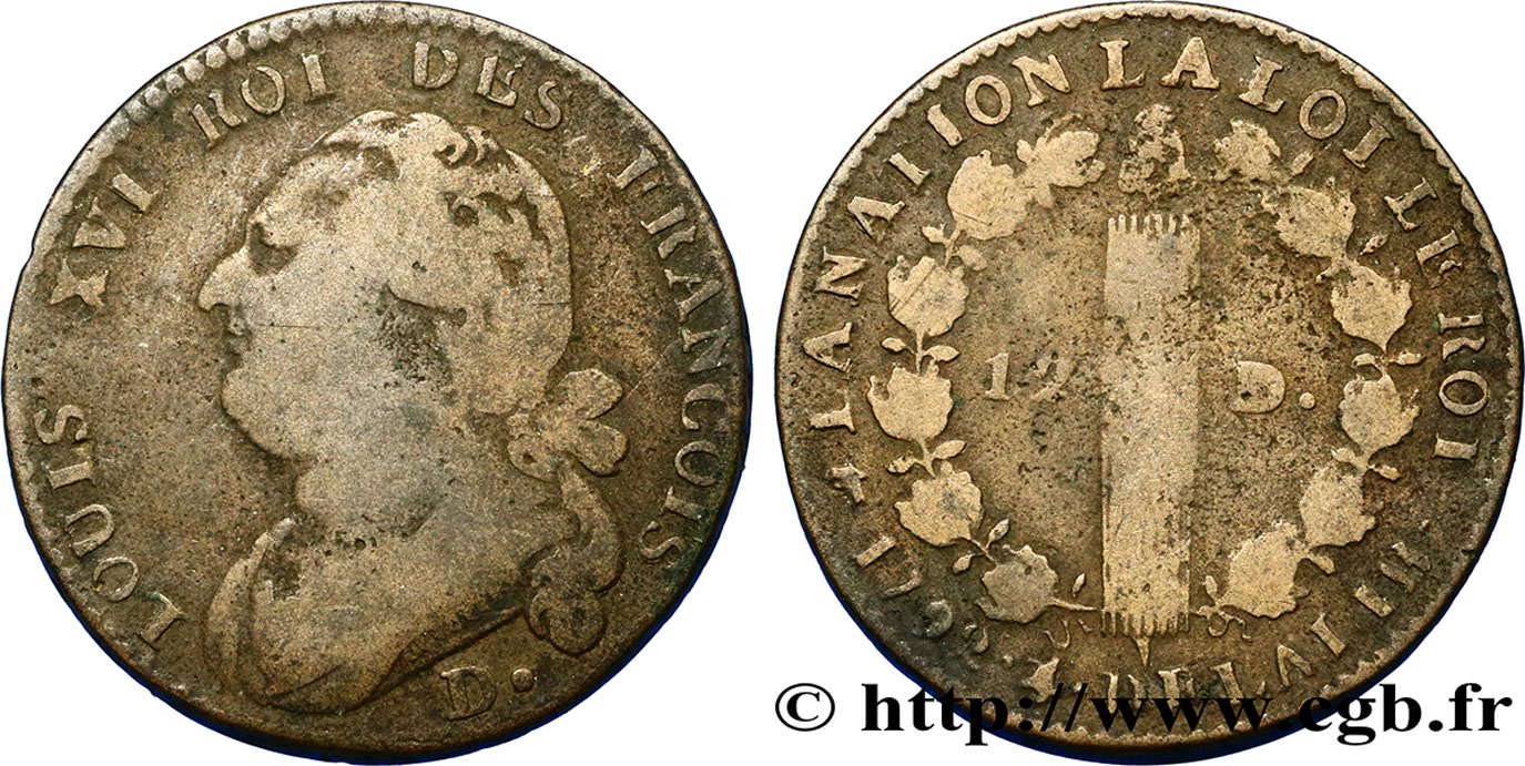 LOUIS XVI 12 deniers dit au faisceau , type FRANCOIS 1792 Dijon S