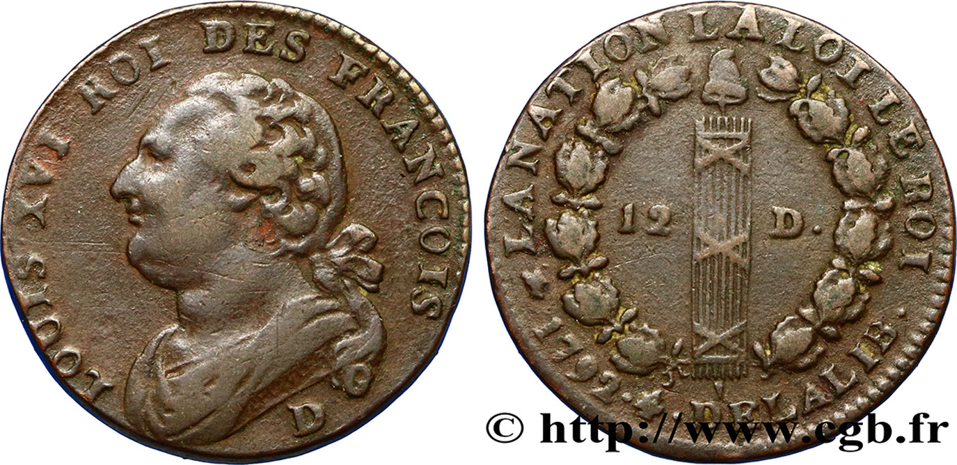 LOUIS XVI (MONARQUE CONSTITUTIONNEL) 12 deniers dit au faisceau , type FRANCOIS 1792 Lyon TB+