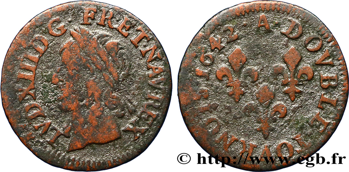 LOUIS XIII LE JUSTE Double tournois, type de Warin 1642 Corbeil TB