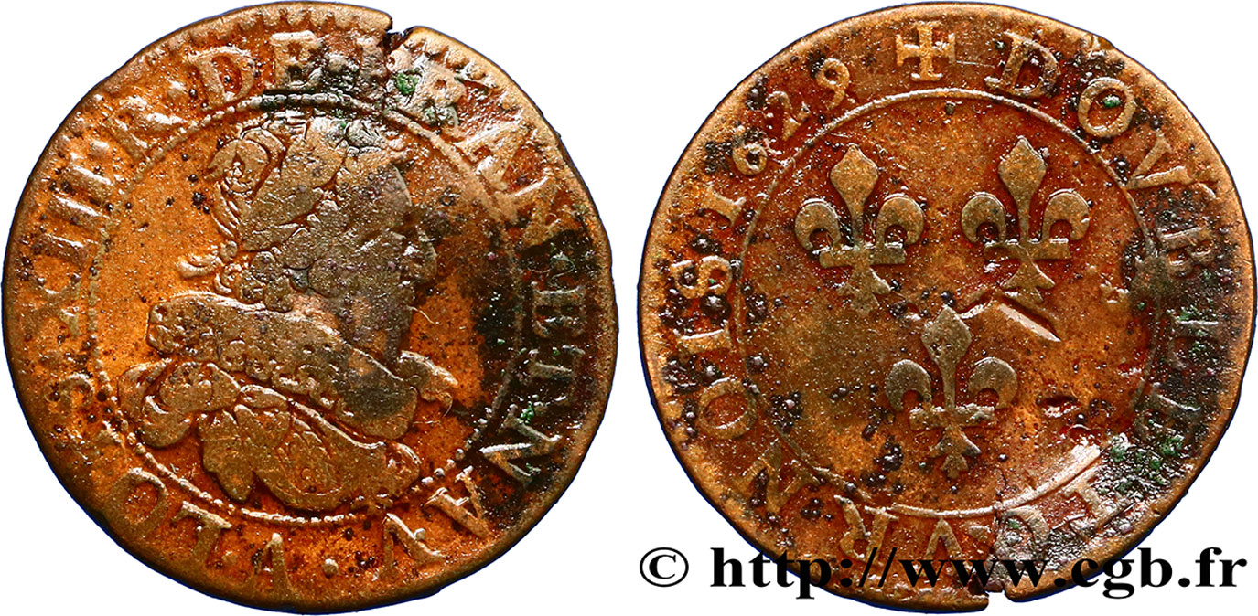 LOUIS XIII LE JUSTE Double tournois, type 6 de Paris 1629 Paris TB+