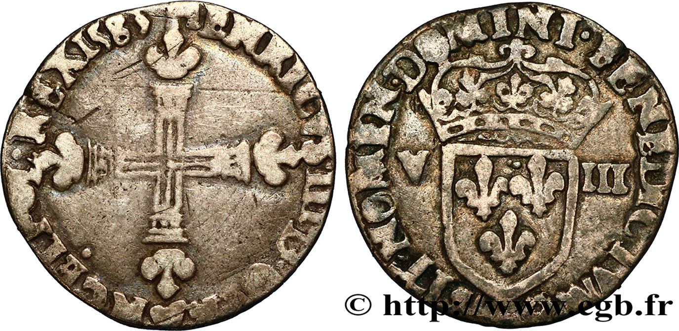 HENRI III Huitième d écu, croix de face 1583 Saint-Lô TB