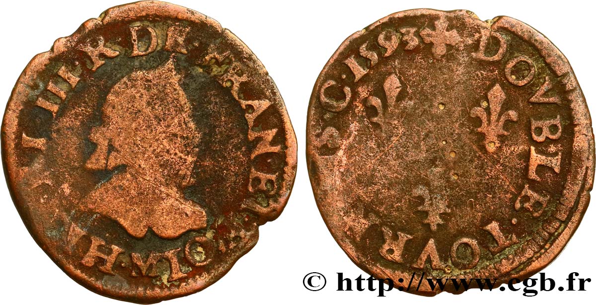 THE LEAGUE. COINAGE IN THE NAME OF HENRY III Double tournois, type de Toulouse 1593 Toulouse F/VF