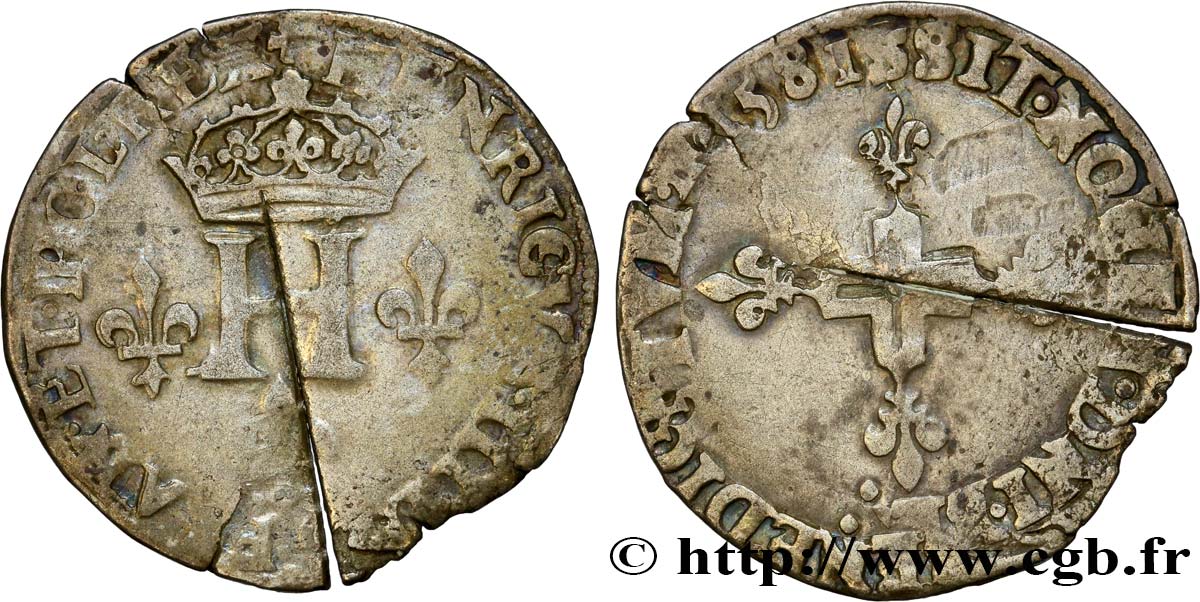 HENRY III Double sol parisis, 2e type 1581 Troyes BC