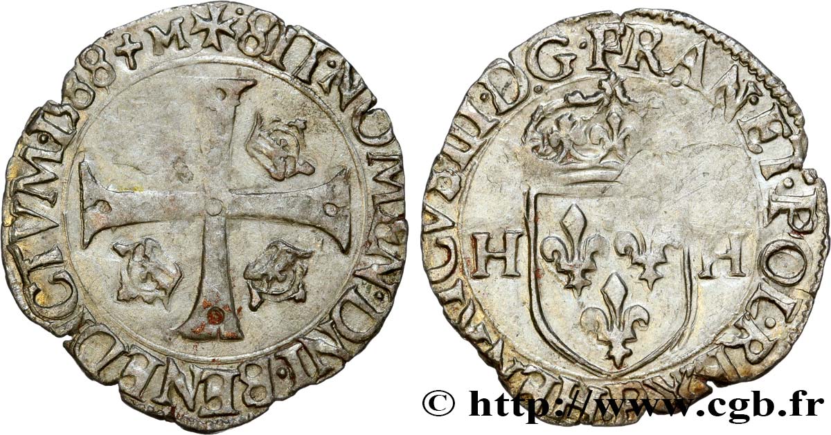 HENRY III Douzain aux deux H, 1er type 1588 Dijon MBC