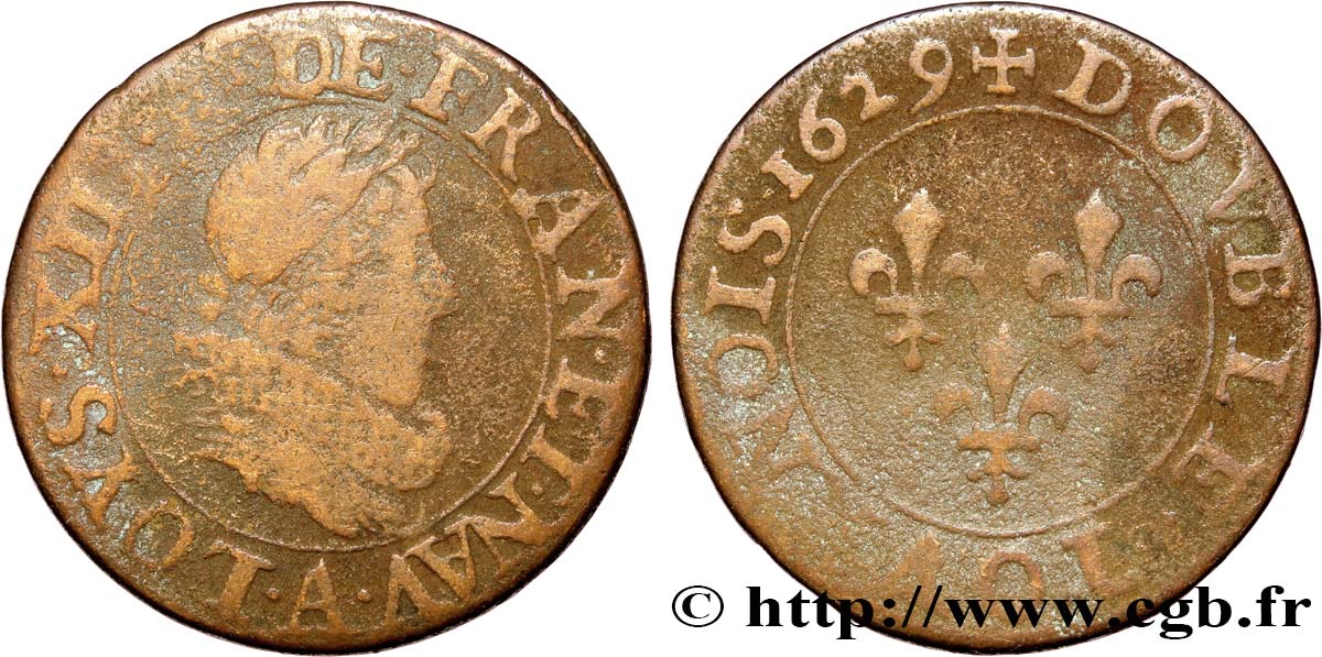LOUIS XIII LE JUSTE Double tournois, type 5 de Paris 1629 Paris B/B+