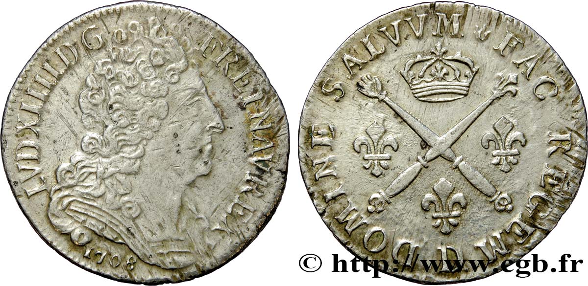 LOUIS XIV  THE SUN KING  20 sols aux insignes 1708 Lyon XF/AU