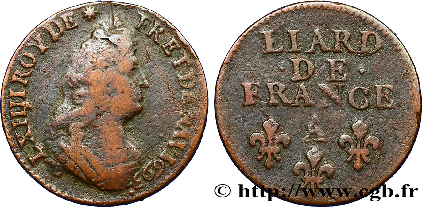 LOUIS XIV  THE SUN KING  Liard, 3e type, buste âgé 1693 Paris q.BB