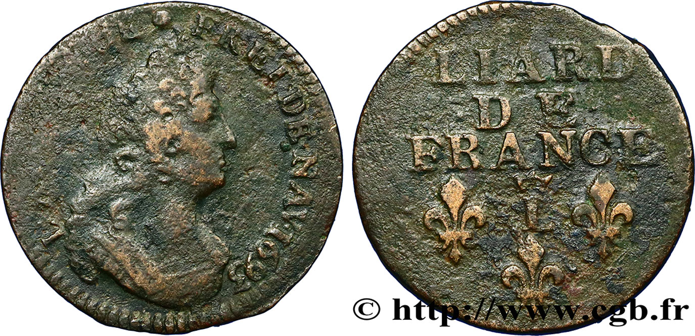 LOUIS XIV  THE SUN KING  Liard, 3e type, buste âgé 1693 Lille q.MB