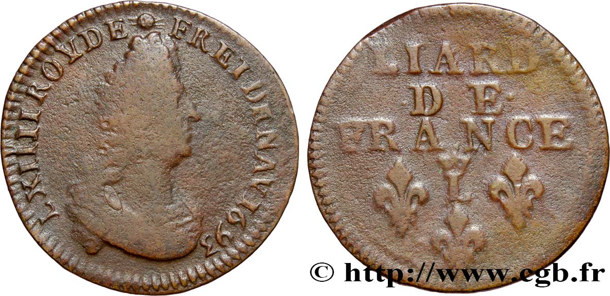 LOUIS XIV  THE SUN KING  Liard, 3e type, buste âgé 1693 Lille RC+