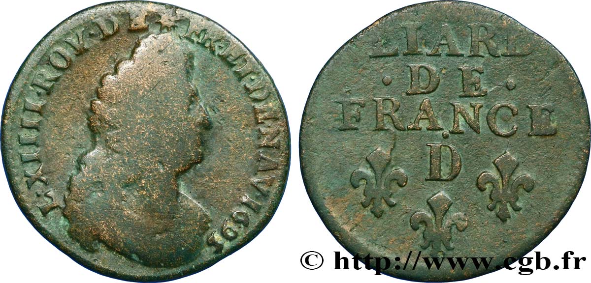 LOUIS XIV LE GRAND OU LE ROI SOLEIL Liard, 3e type, buste âgé 1695 Lyon B+/TB+