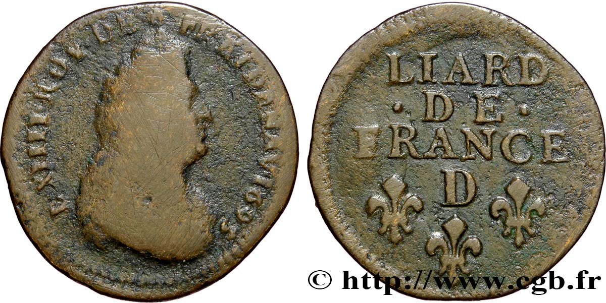 LOUIS XIV  THE SUN KING  Liard, 3e type, buste âgé 1695 Lyon VG/VF