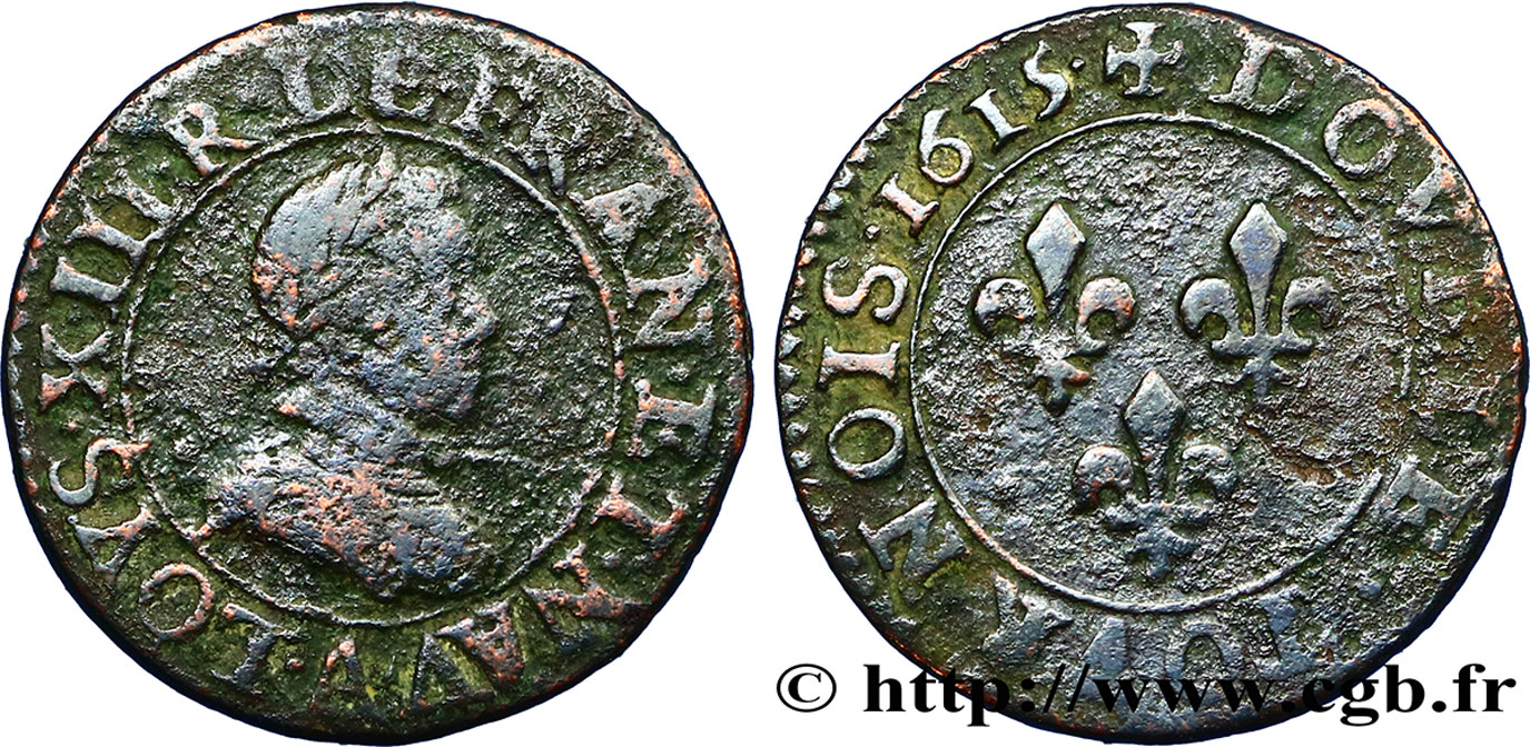 LOUIS XIII LE JUSTE Double tournois, type 1 1615 Paris, Moulin du Louvre TB