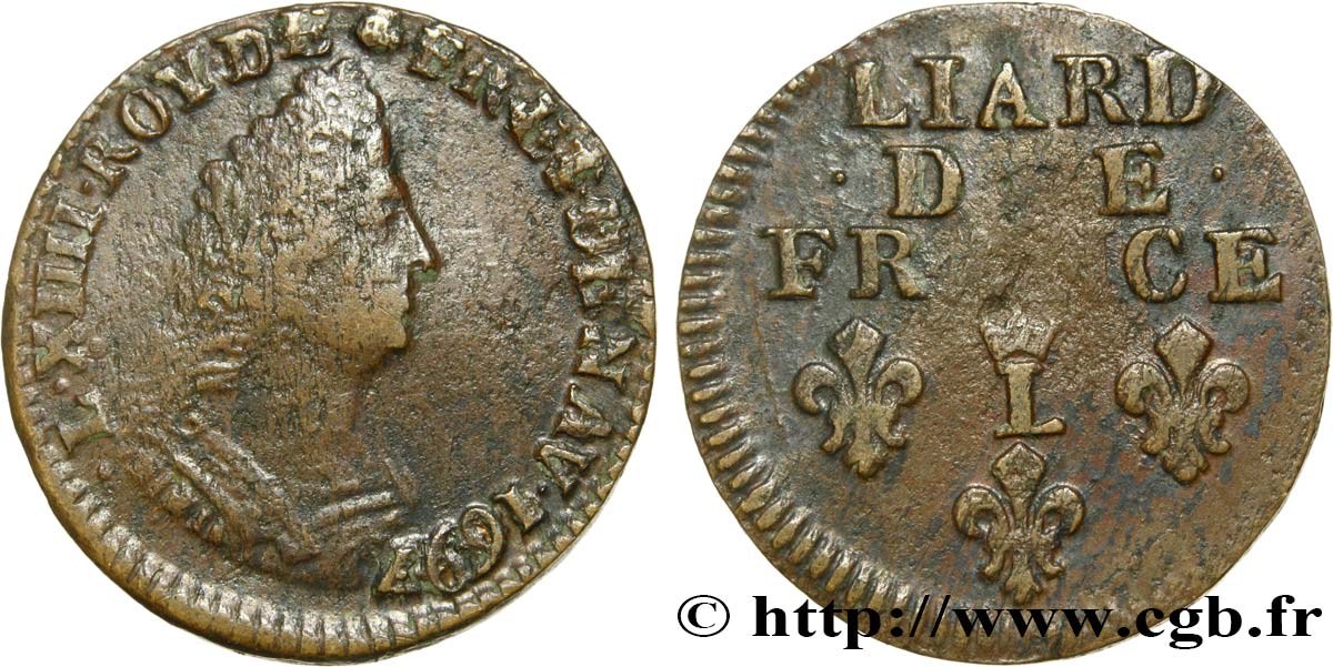 LOUIS XIV  THE SUN KING  Liard, 3e type, buste âgé 1697 Lille VF