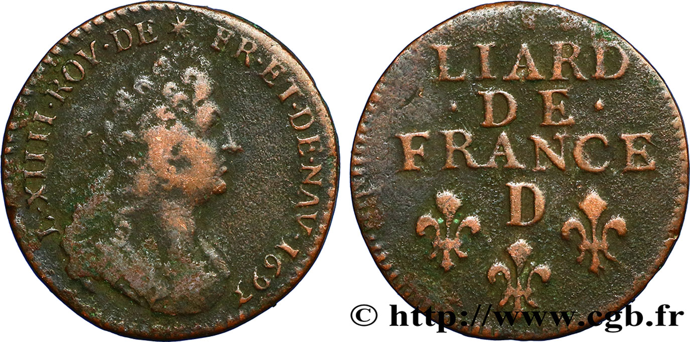 LOUIS XIV  THE SUN KING  Liard, 3e type, buste âgé 1693 Lyon VF
