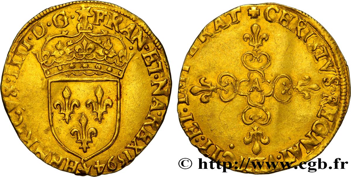 HENRI IV LE GRAND Écu d or au soleil, 1er type
 1594 Paris TTB+/TTB