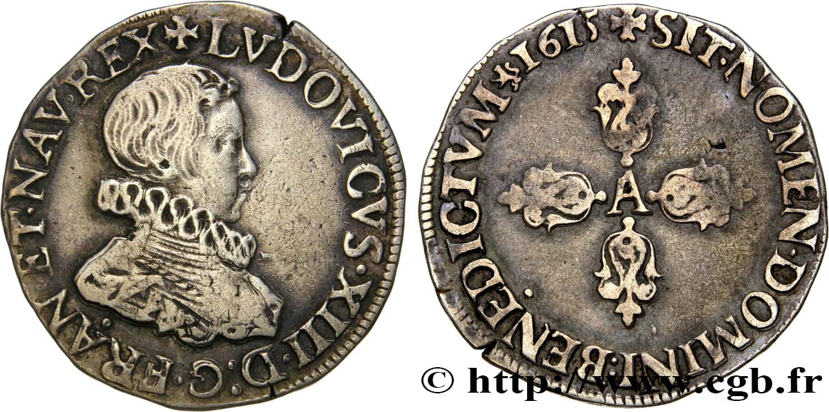 LOUIS XIII Demi-franc, tête nue enfantine au col fraisé 1615 Paris XF