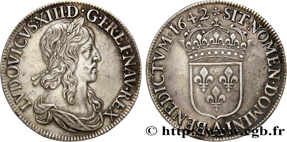 LOUIS XIII LE JUSTE Écu, buste drapé (1er buste de Jean Warin) 1642 Paris, Monnaie de Matignon TTB+/SUP